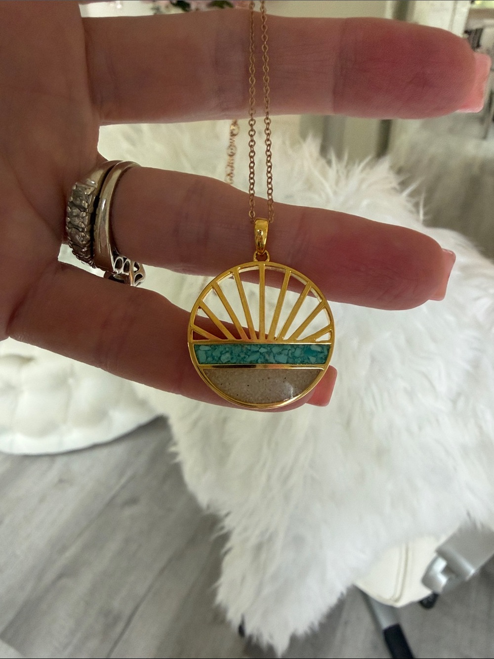 Gold Sunburst Necklace with Turquoise and Sand Inlay